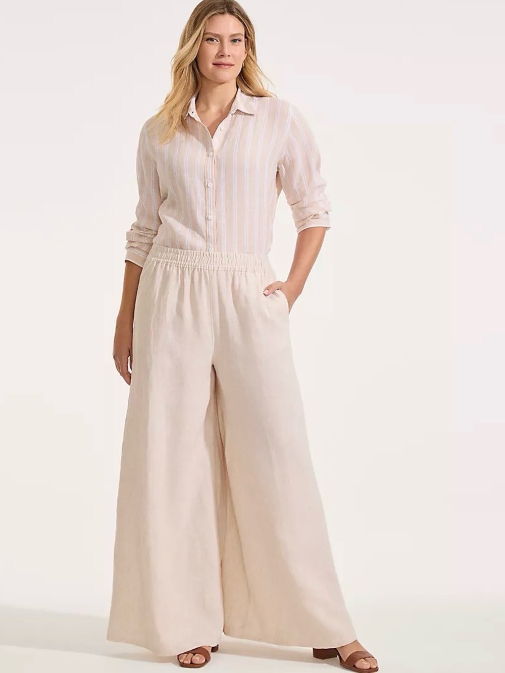 Lands' End Wide-Leg Elastic-Waist Pants - Light Cream